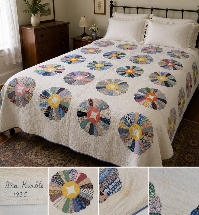 Signed Ina Kimble 1935 Reel Center Dresden Plate Quilt 64" x 78" Folk Art Textile (1 of 7)