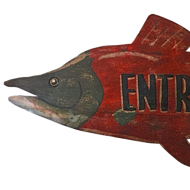 Rustic Vintage Red Sockeye Salmon Fish Sheet Metal "ENTRANCE" Trade Sign - 2