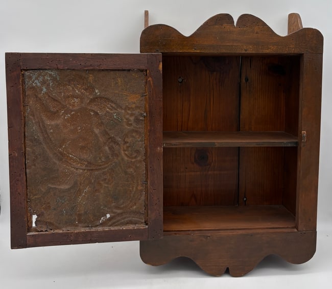 Primitive Pennsylvania Dutch Folk Art Pie Safe Cabinet with Embossed Tin Cherub Panel - 2