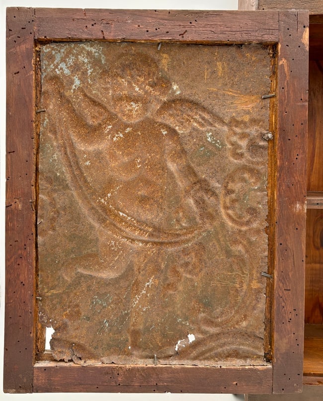Primitive Pennsylvania Dutch Folk Art Pie Safe Cabinet with Embossed Tin Cherub Panel - 4