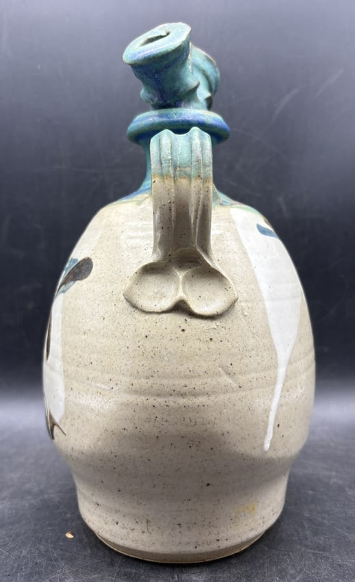Signed Studio Pottery Double-Spout Vessel with Stopper, Blue-Green Glaze - 4