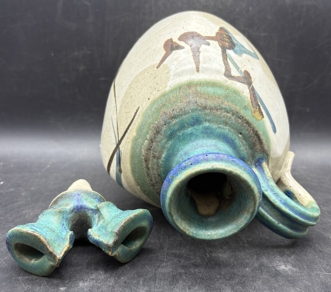 Signed Studio Pottery Double-Spout Vessel with Stopper, Blue-Green Glaze - 5