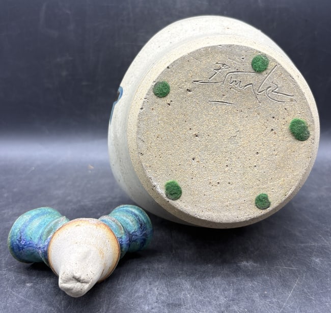 Signed Studio Pottery Double-Spout Vessel with Stopper, Blue-Green Glaze - 6