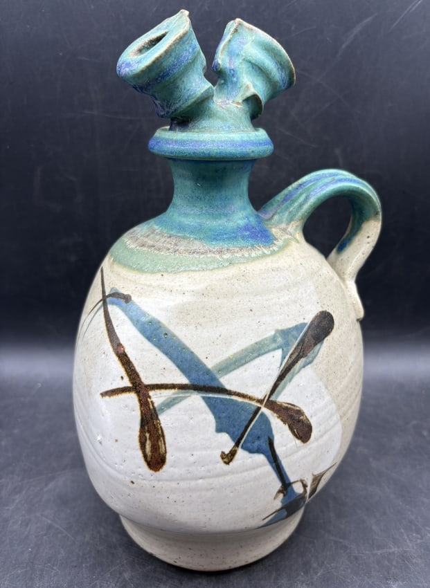 Signed Studio Pottery Double-Spout Vessel with Stopper, Blue-Green Glaze - 8
