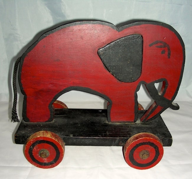 Wooden Elephant Pull Toy w/ Applied Ears & a Scowl - 4