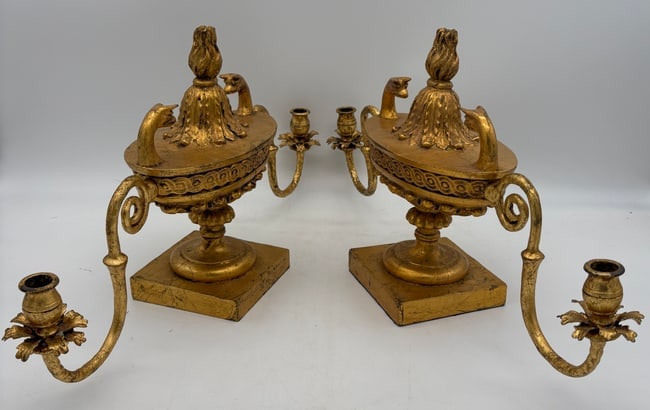 Pair French Empire Style Gilt Iron & Composition Swan Form Candelabra - 2