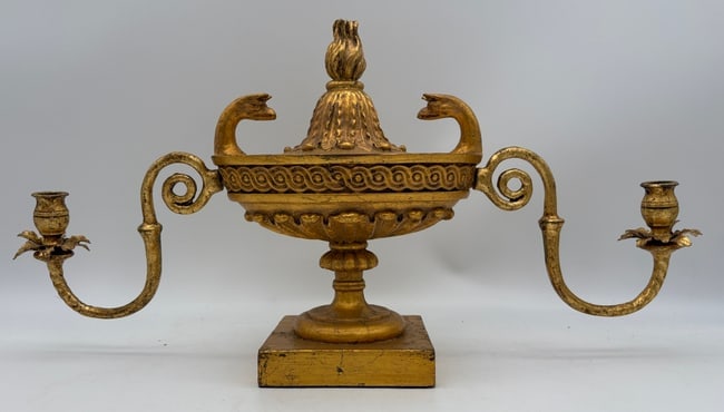 Pair French Empire Style Gilt Iron & Composition Swan Form Candelabra - 4