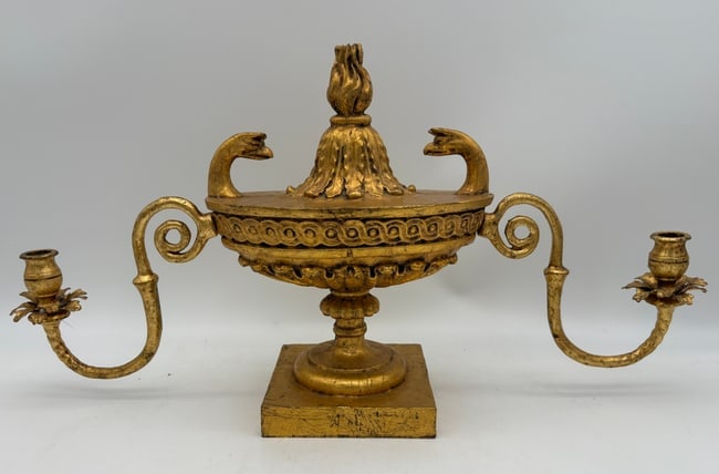 Pair French Empire Style Gilt Iron & Composition Swan Form Candelabra - 7