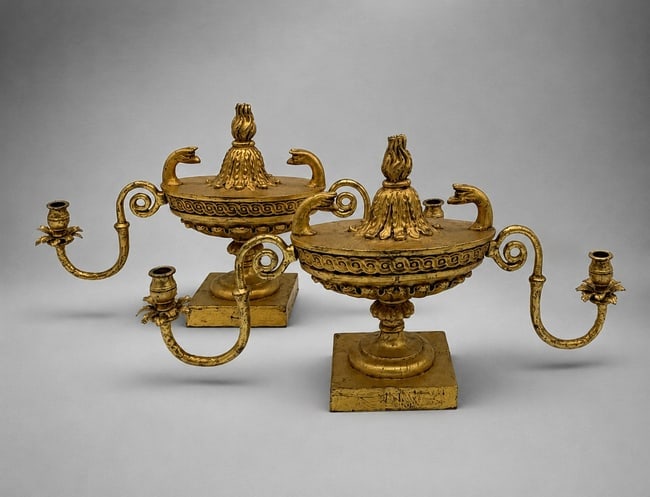 Pair French Empire Style Gilt Iron & Composition Swan Form Candelabra - 8