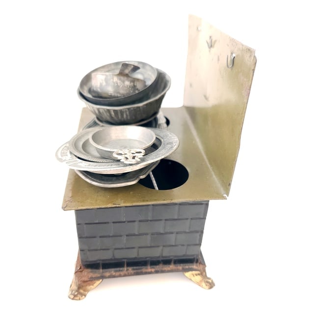 Miniature Dollhouse Tin Kitchen Stove and Pewter Cooking Ware Collection - 2
