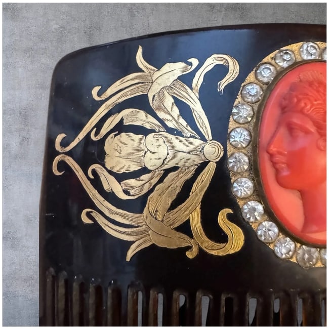 Vintage Art Nouveau Celluloid 10 K Gold Inlay Large Hair Comb - 4