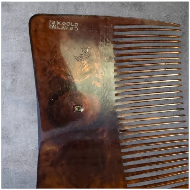 Vintage Art Nouveau Celluloid 10 K Gold Inlay Large Hair Comb - 5