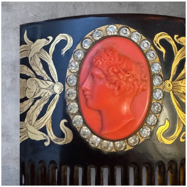 Vintage Art Nouveau Celluloid 10 K Gold Inlay Large Hair Comb - 6