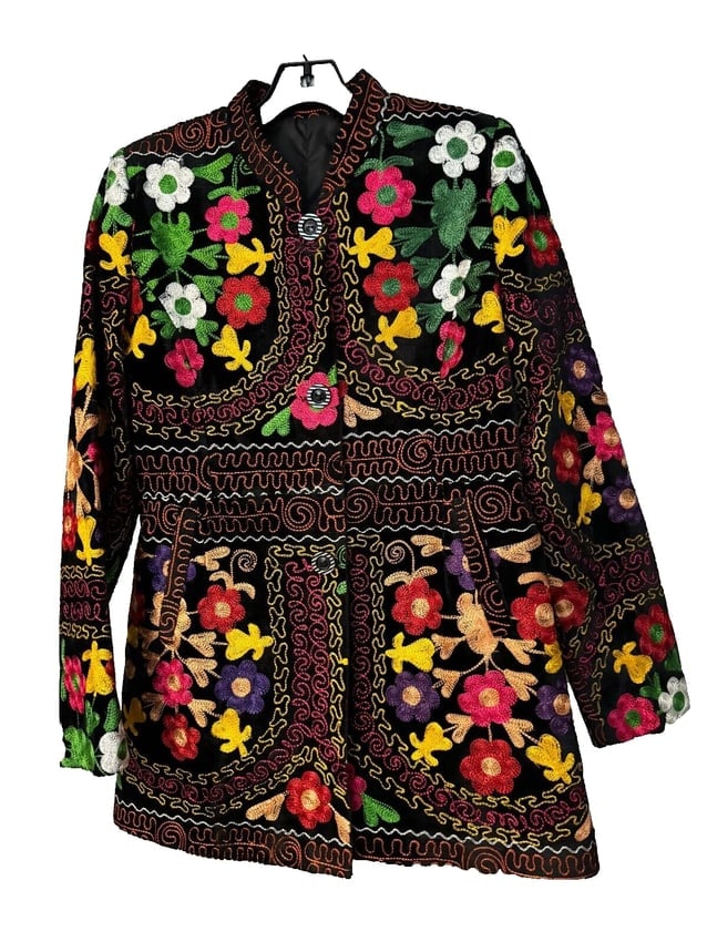 UZBEK AMAZING HANDMADE COLOURFUL EMBROIDERY ON VELVET - JACKET small - 2