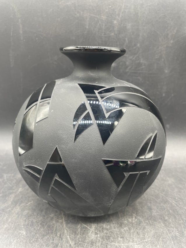 Steven Correia 1984 Limited Edition Art Deco Black Glass Vase Vessel, Signed & Numbered 127/200 - 7