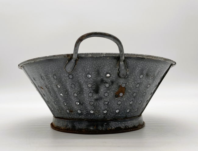 Vintage Old Enamelware Graniteware Gray Colander Strainer 2 Handled - 3