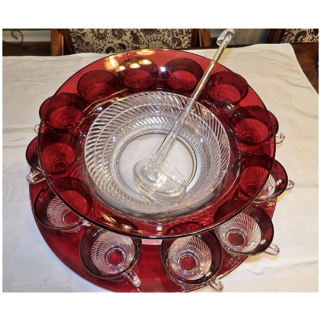 RARE Ruby Flashed Punch Bowl, Underplate, Cups, and Glass Ladle - 2