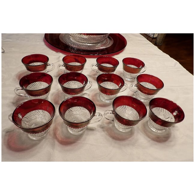 RARE Ruby Flashed Punch Bowl, Underplate, Cups, and Glass Ladle - 5