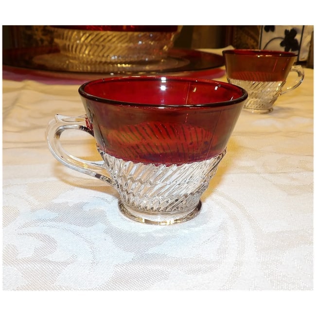 RARE Ruby Flashed Punch Bowl, Underplate, Cups, and Glass Ladle - 6
