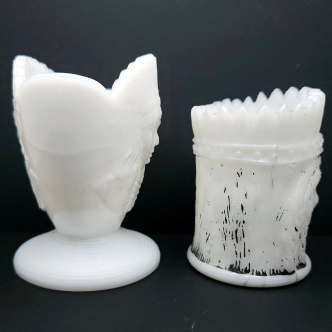 Milk Glass Match Stick Toothpick Holders Native Design 2 pcs - 2
