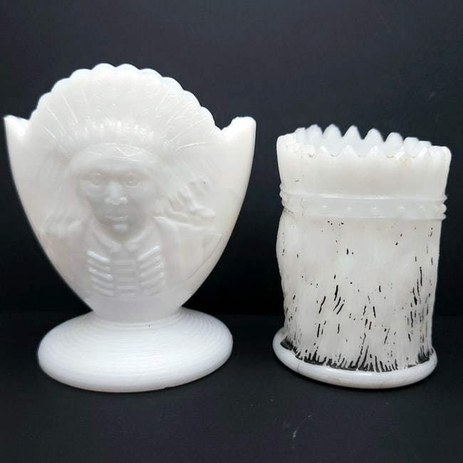 Milk Glass Match Stick Toothpick Holders Native Design 2 pcs - 3