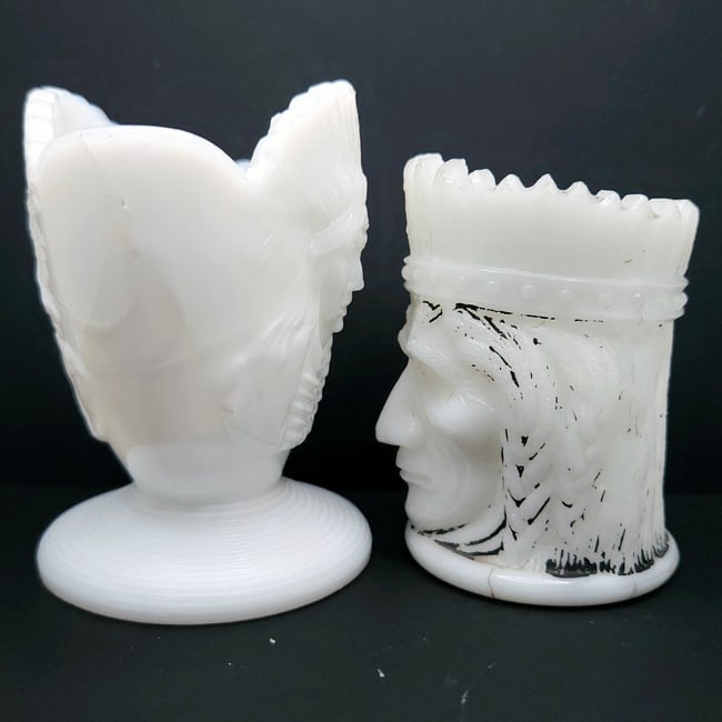 Milk Glass Match Stick Toothpick Holders Native Design 2 pcs - 4