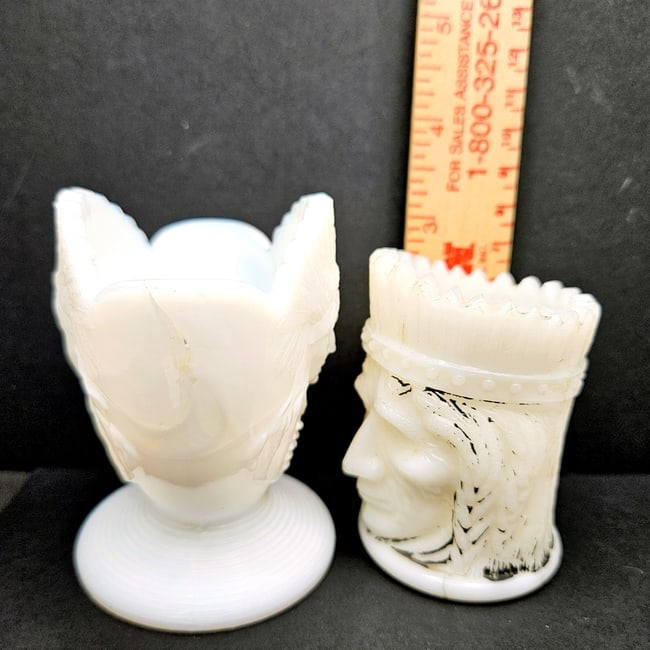 Milk Glass Match Stick Toothpick Holders Native Design 2 pcs - 6