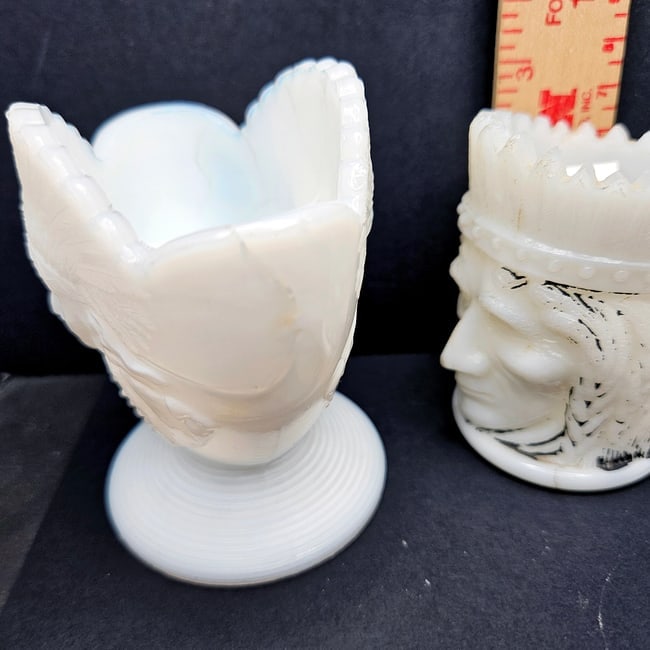 Milk Glass Match Stick Toothpick Holders Native Design 2 pcs - 8