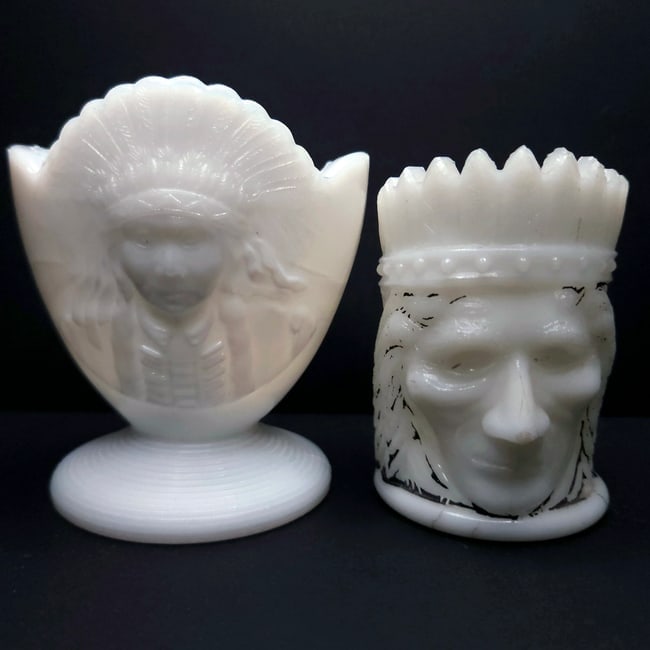 Milk Glass Match Stick Toothpick Holders Native Design 2 pcs - 9