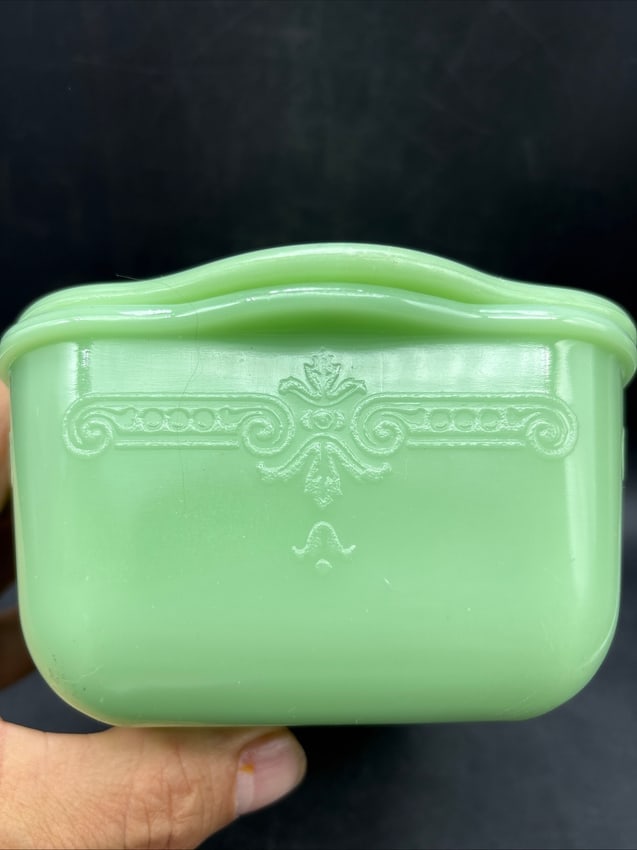 Vintage Fire-King Jadite Philbe Refrigerator Dish with Lid Green Glass 1940s - 2