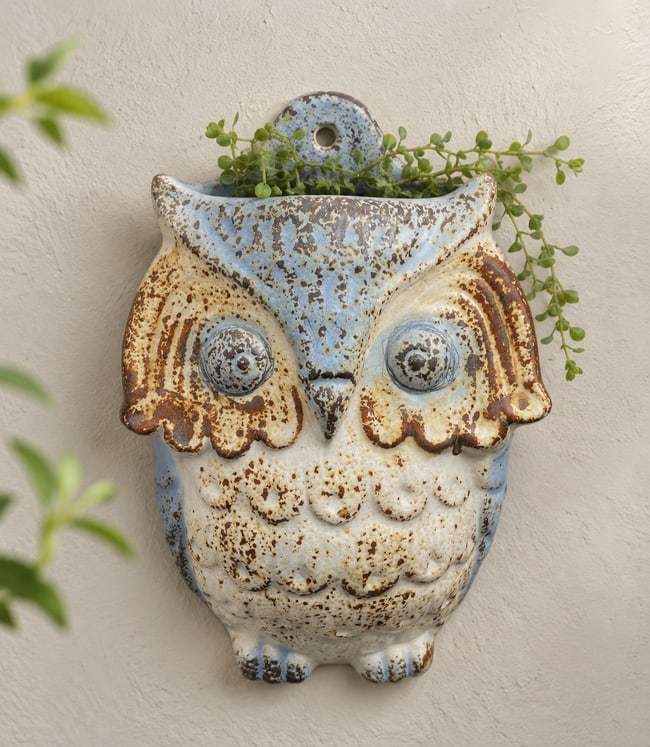 Vintage Napcoware Ceramic Owl Hanging Planter Wall Pocket Blue & Cream Pottery: Date/Period: unknown Dimension: Approx. 5 x 4 Material: ceramic Additional Information: Charming vintage Napcoware ceramic owl planter featuring a highly detailed owl form with expressive raised eyes,