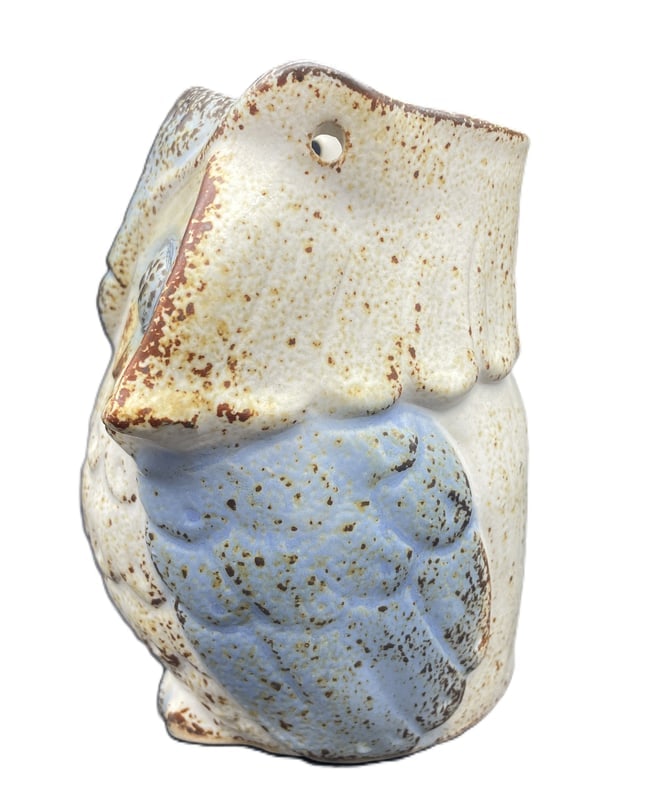 Vintage Napcoware Ceramic Owl Hanging Planter Wall Pocket Blue & Cream Pottery - 2