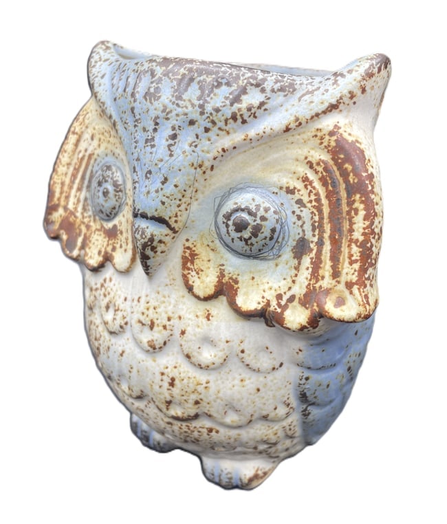 Vintage Napcoware Ceramic Owl Hanging Planter Wall Pocket Blue & Cream Pottery - 7