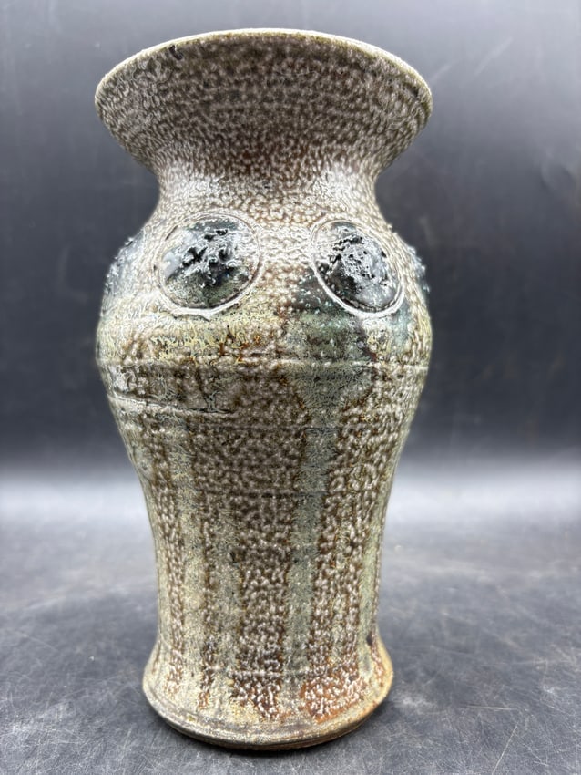 Signed Studio Pottery Vase with Volcanic Glaze & Applied Medallions - 7