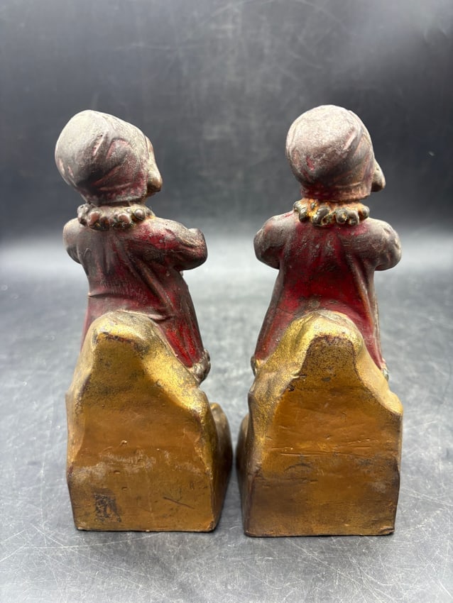Antique Armor Bronze Figural Bookends Girls Muff Winter Art Deco Pair - 3