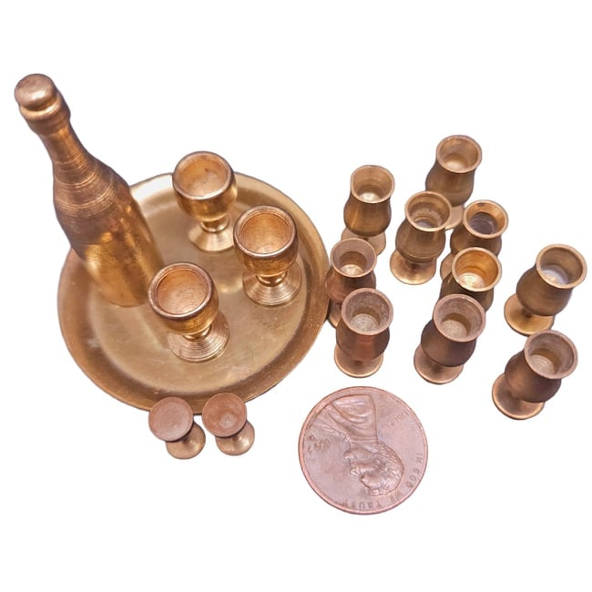 Miniature Dollhouse Brass Wine Bottle with Drinking Goblets - 2