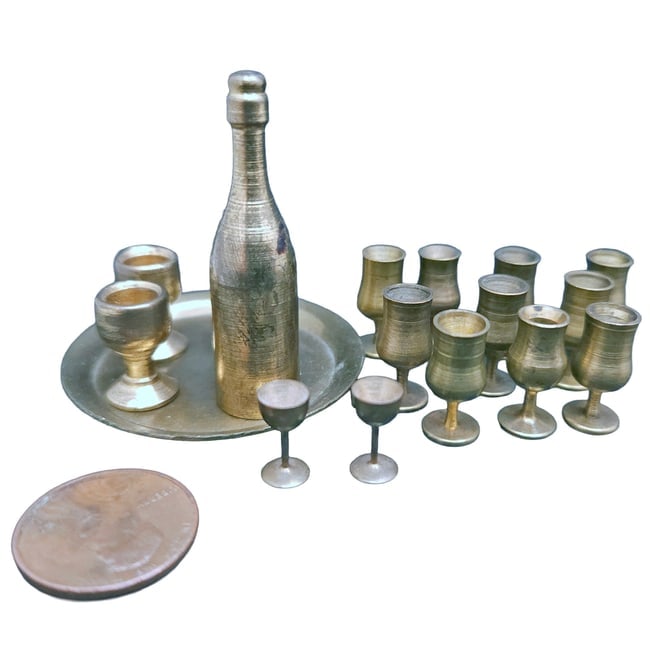 Miniature Dollhouse Brass Wine Bottle with Drinking Goblets - 3