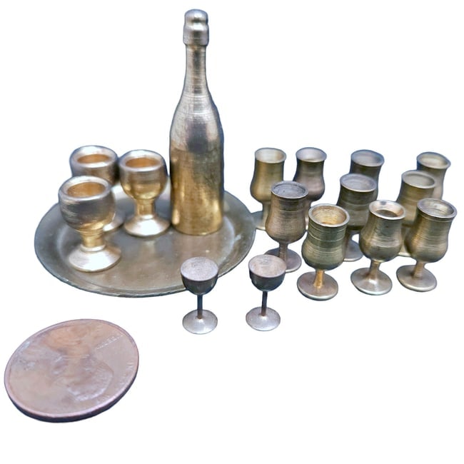 Miniature Dollhouse Brass Wine Bottle with Drinking Goblets - 4