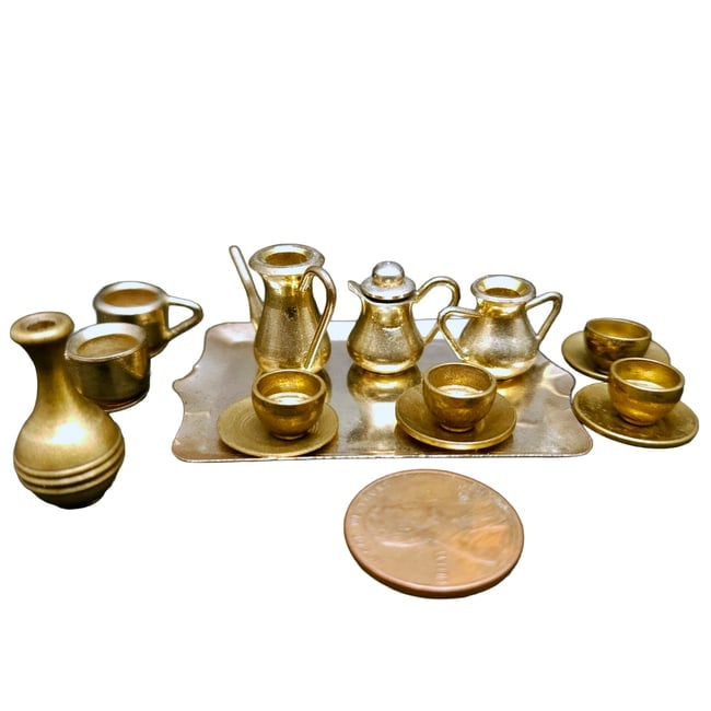 Miniature Dollhouse Brass drink ware cups, goblets and dispensers - 3