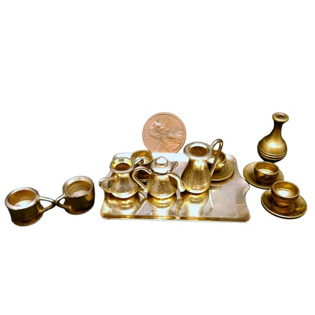 Miniature Dollhouse Brass drink ware cups, goblets and dispensers - 4