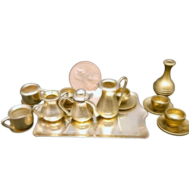 Miniature Dollhouse Brass drink ware cups, goblets and dispensers - 5