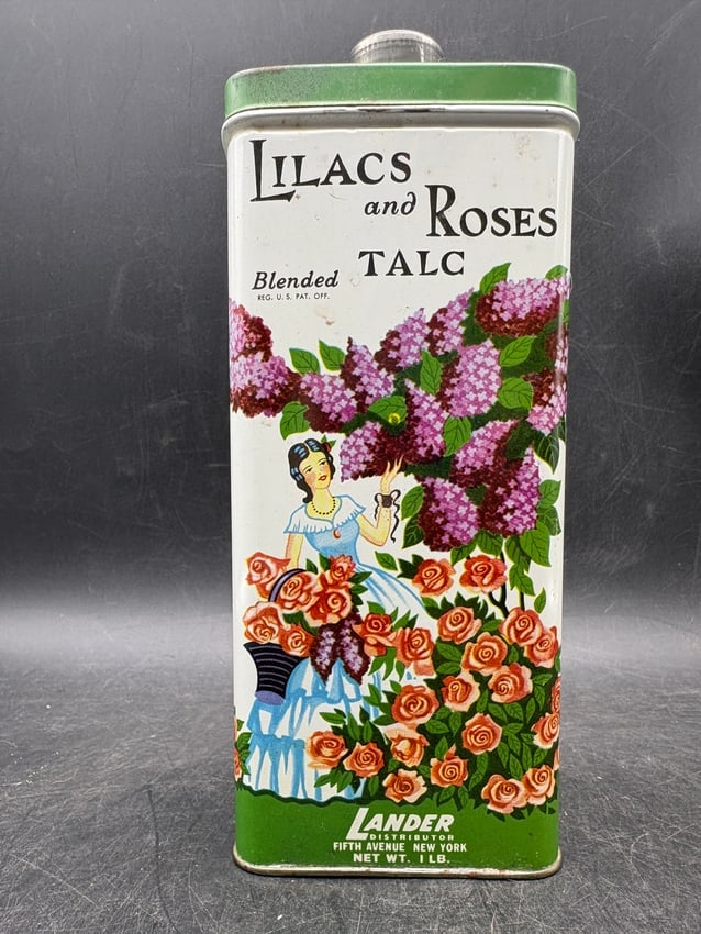 Lander Lilacs and Roses Talc Advertising Tin 16 oz Fifth Avenue New York - 2