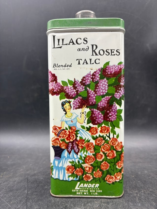 Lander Lilacs and Roses Talc Advertising Tin 16 oz Fifth Avenue New York - 4