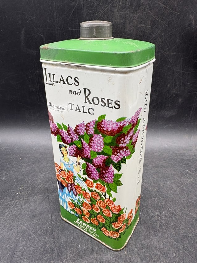 Lander Lilacs and Roses Talc Advertising Tin 16 oz Fifth Avenue New York - 8