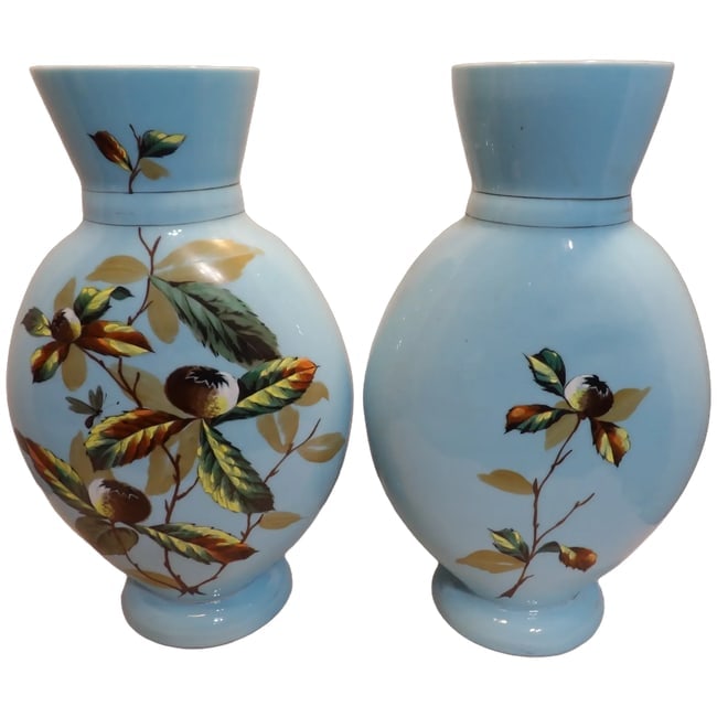 Pair of Bristol Hand Blown Blue Glass Vases with Hand Painted Design: This Pair of Bristol Hand Blown Blue Glass Vases with Hand Painted Design are in excellent condition. NO chips, cracks, loss of color, or flea bites. They measure 13 1/2" tall x 8" wide x 4 1/2"