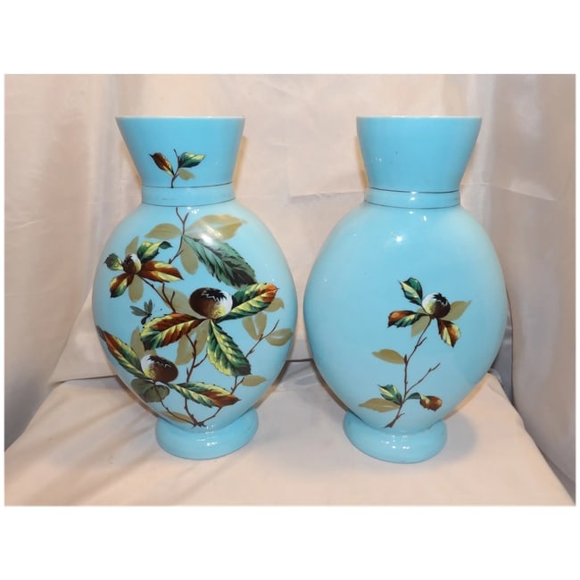 Pair of Bristol Hand Blown Blue Glass Vases with Hand Painted Design - 9