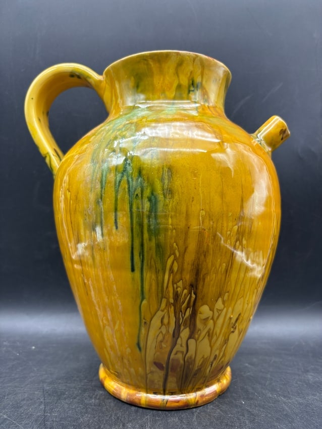 Large Mid-Century Italian Drip Glaze Pottery Pitcher, Mustard Yellow - 2