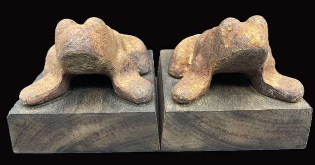 Pair Old Cast Iron Frog Bookends on Wood Bases Folk Art Library Decor - 2