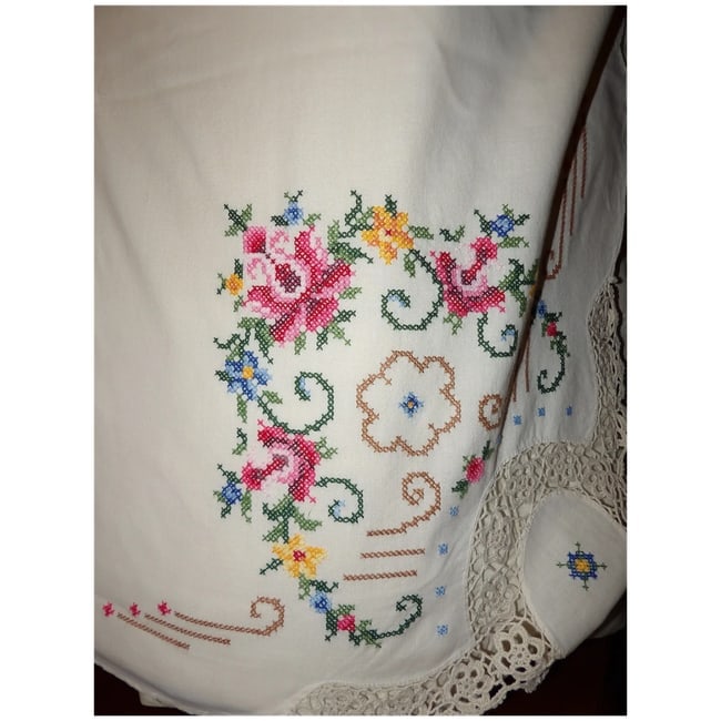 Vintage Cream Crocheted, Embroidery, Cross Stitch, Handmade Linen Table Cloth - 8