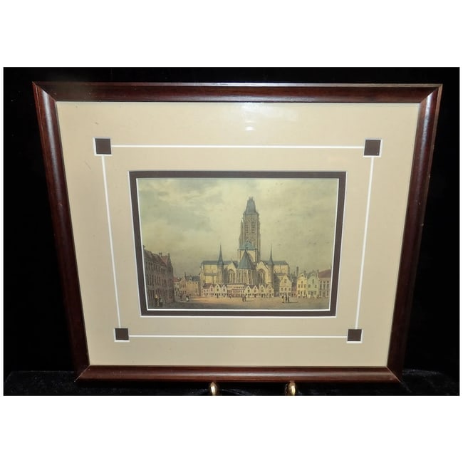 Antique Color Lithograph of Saint Walburga Church- Oudenaarde Belgium - 2